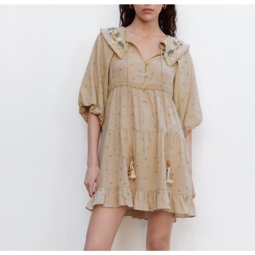 Zara NWT Beige Tan Peter Pan Embroidered Floral Collar Mini Dress New Medium